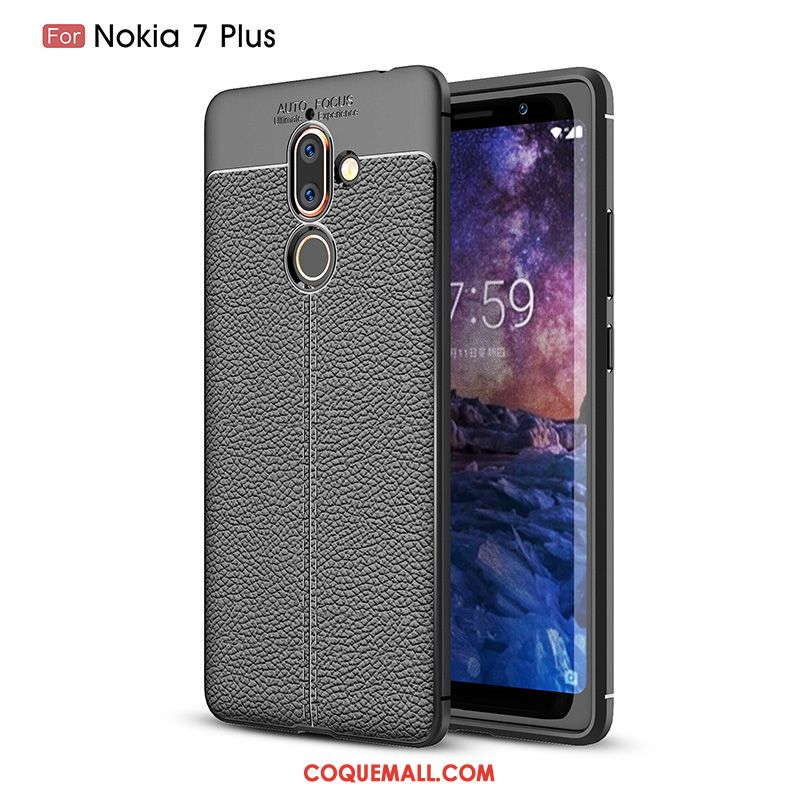 Étui Nokia 7 Plus Litchi Protection Fluide Doux, Coque Nokia 7 Plus Gris Modèle Fleurie