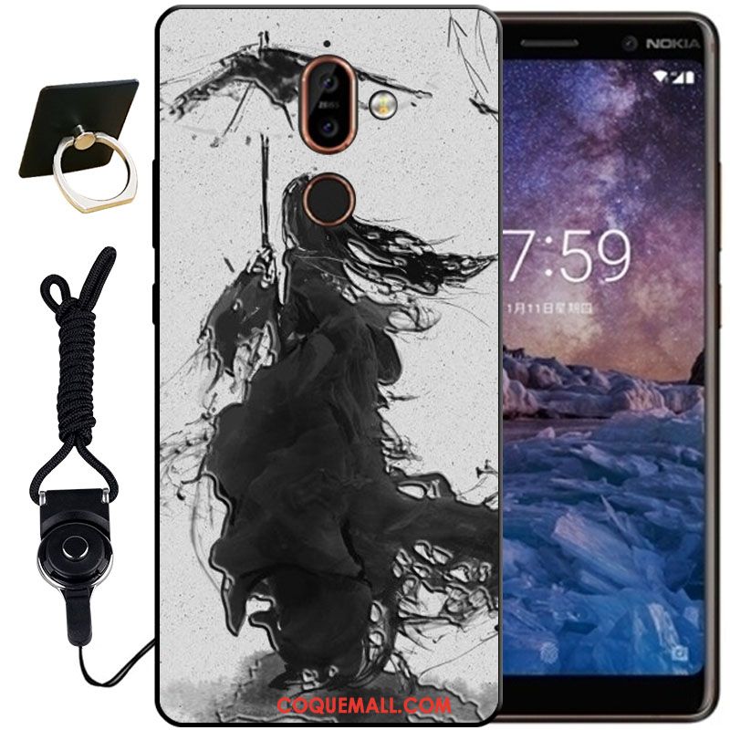 Étui Nokia 7 Plus Noir Blanc Protection, Coque Nokia 7 Plus Gaufrage Fluide Doux