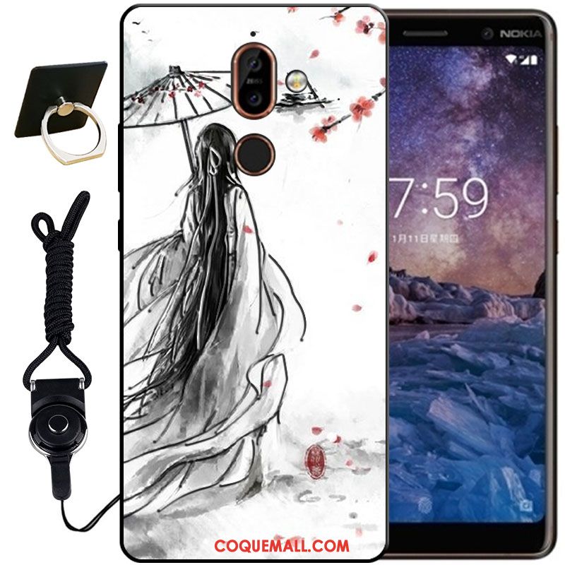 Étui Nokia 7 Plus Noir Blanc Protection, Coque Nokia 7 Plus Gaufrage Fluide Doux