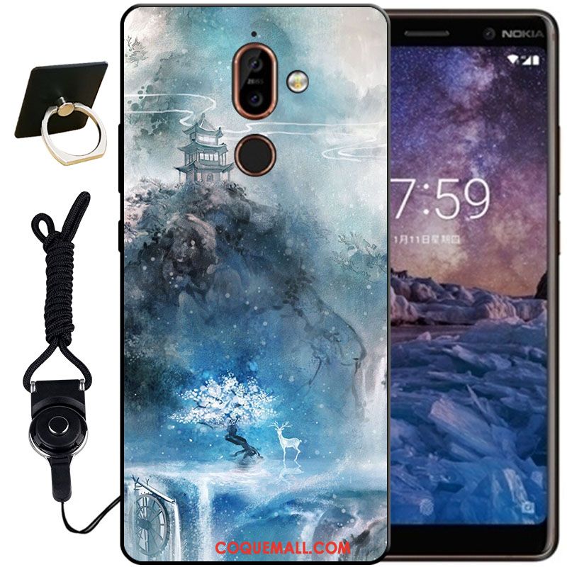 Étui Nokia 7 Plus Noir Blanc Protection, Coque Nokia 7 Plus Gaufrage Fluide Doux