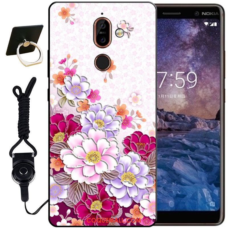 Étui Nokia 7 Plus Noir Blanc Protection, Coque Nokia 7 Plus Gaufrage Fluide Doux