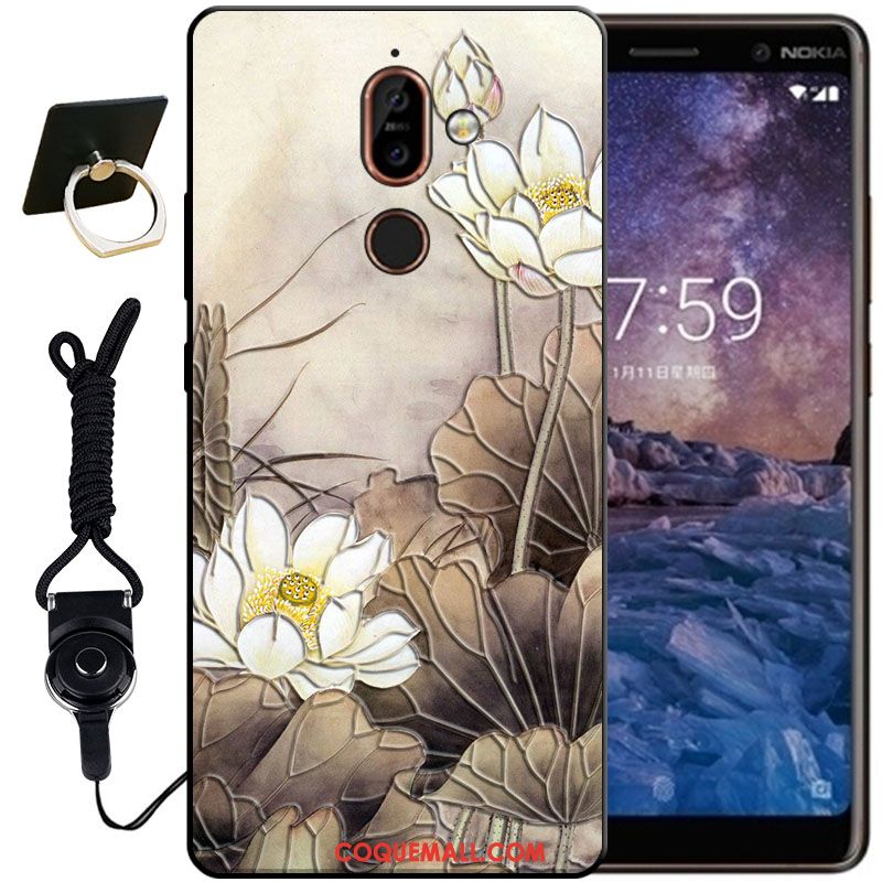 Étui Nokia 7 Plus Noir Blanc Protection, Coque Nokia 7 Plus Gaufrage Fluide Doux