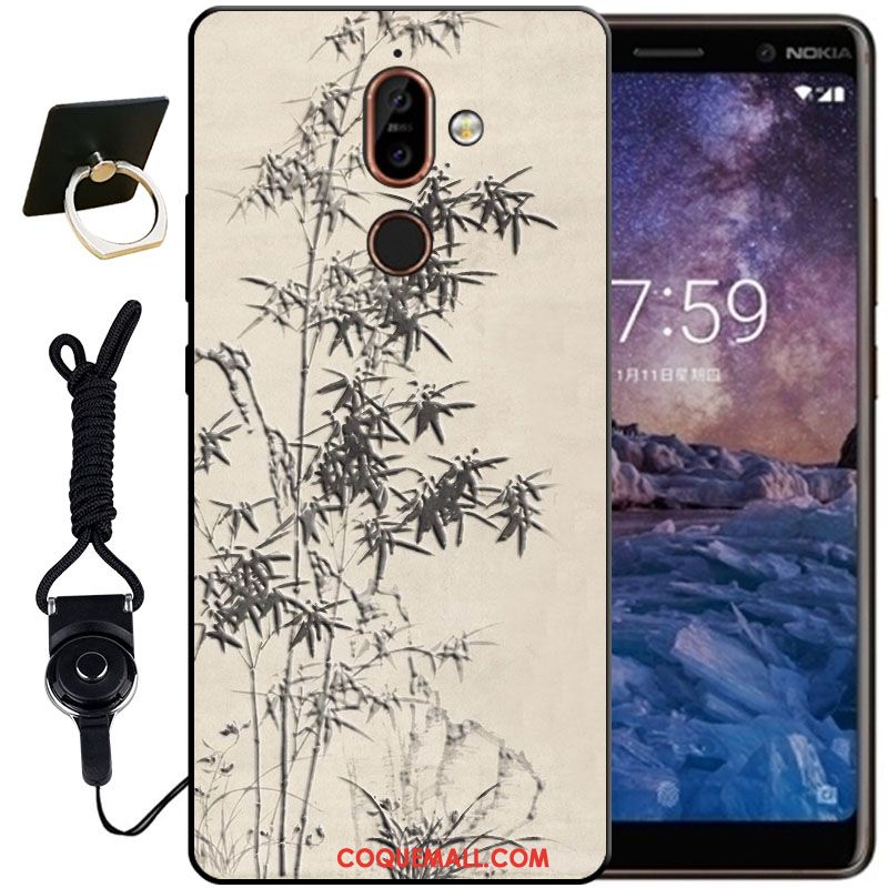 Étui Nokia 7 Plus Noir Blanc Protection, Coque Nokia 7 Plus Gaufrage Fluide Doux