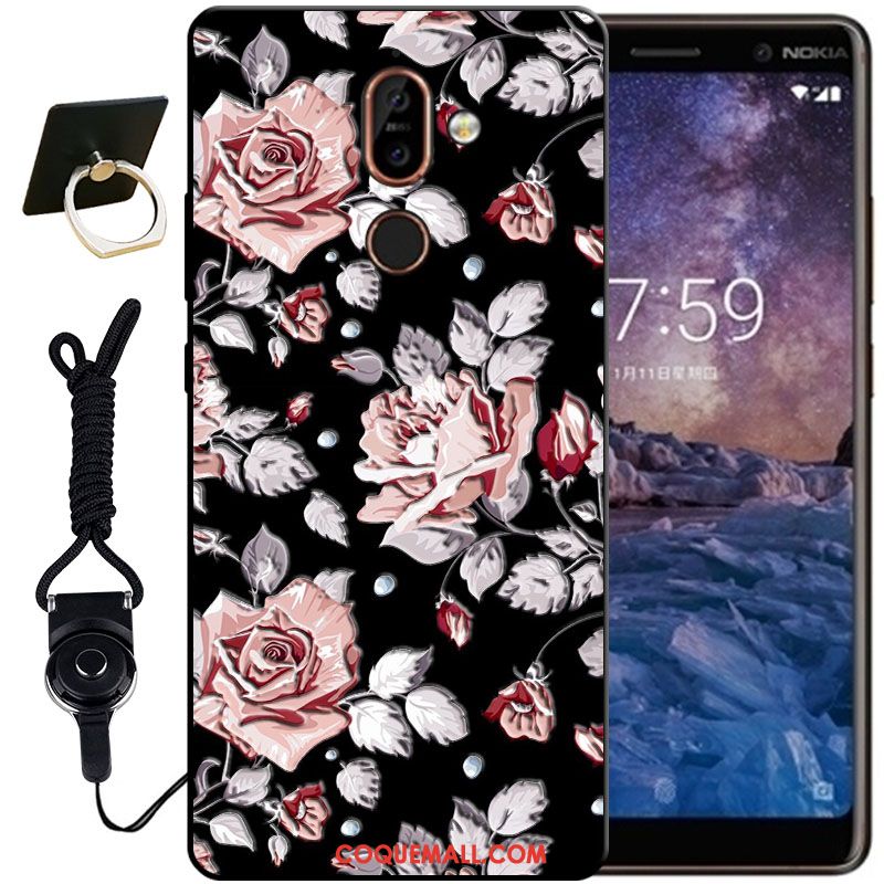 Étui Nokia 7 Plus Noir Blanc Protection, Coque Nokia 7 Plus Gaufrage Fluide Doux