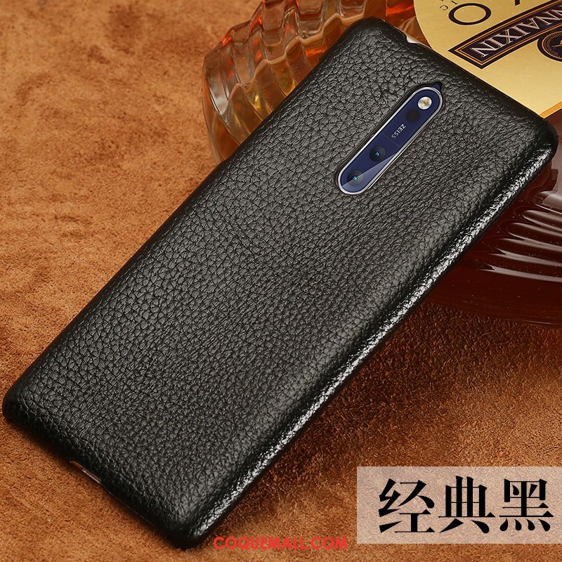 Étui Nokia 8 Nouveau Cuir Véritable Incassable, Coque Nokia 8 Noir Très Mince