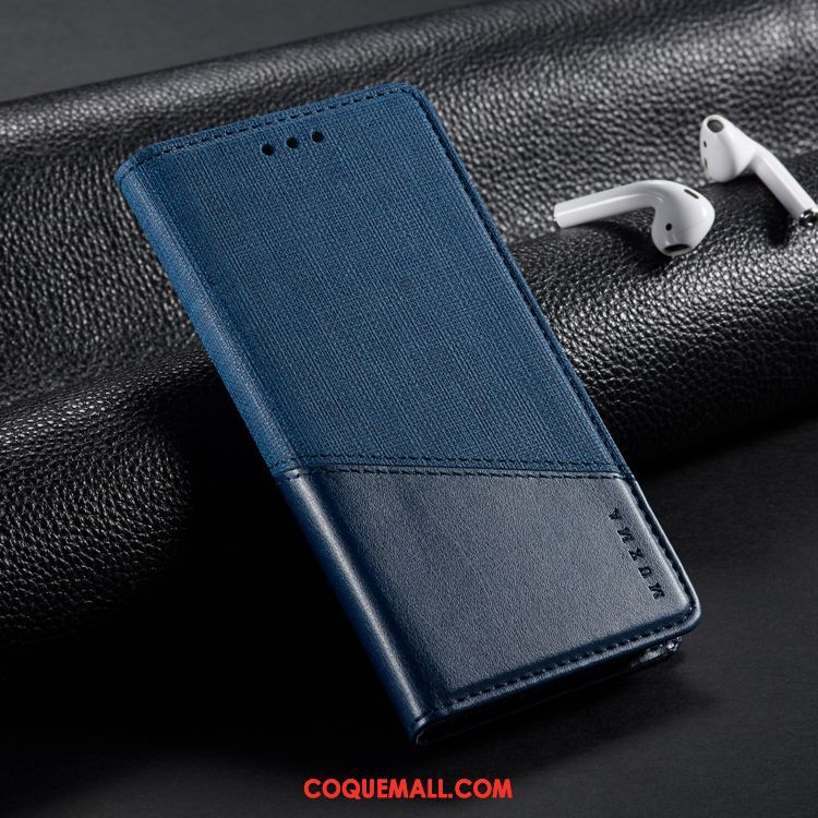 Étui Oneplus 7t Pro Lin Protection En Cuir, Coque Oneplus 7t Pro Couleur Unie Bleu