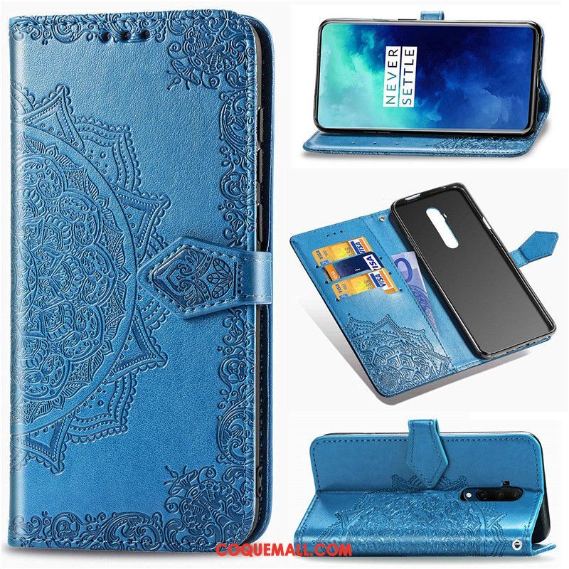 Étui Oneplus 7t Pro Téléphone Portable Couleur Unie Protection, Coque Oneplus 7t Pro Bleu En Cuir