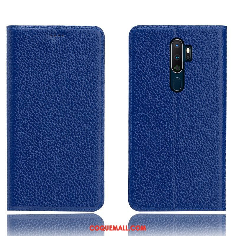 Étui Oppo A9 2020 En Cuir Bleu Téléphone Portable, Coque Oppo A9 2020 Cuir Véritable Modèle Fleurie