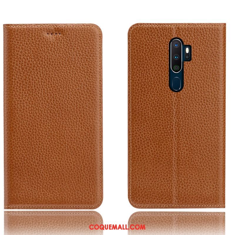 Étui Oppo A9 2020 En Cuir Bleu Téléphone Portable, Coque Oppo A9 2020 Cuir Véritable Modèle Fleurie