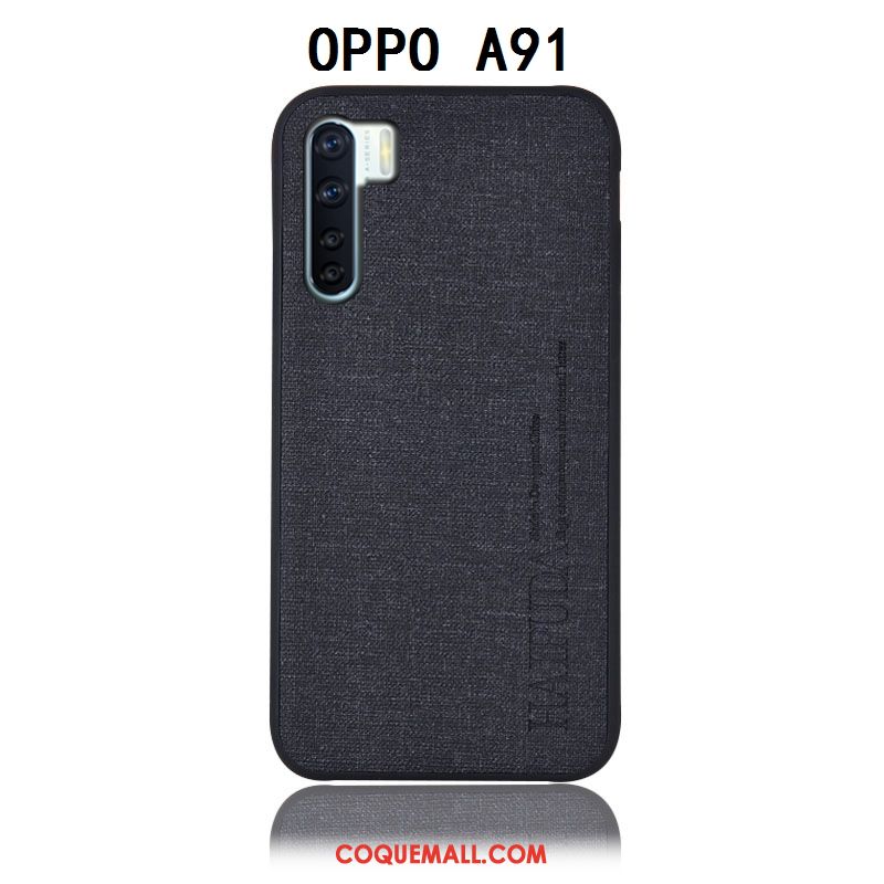 Étui Oppo A91 Bleu Protection En Cuir, Coque Oppo A91 Lin Couvercle Arrière