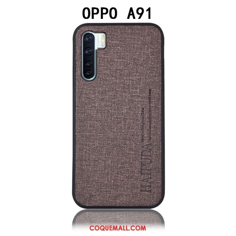 Étui Oppo A91 Bleu Protection En Cuir, Coque Oppo A91 Lin Couvercle Arrière