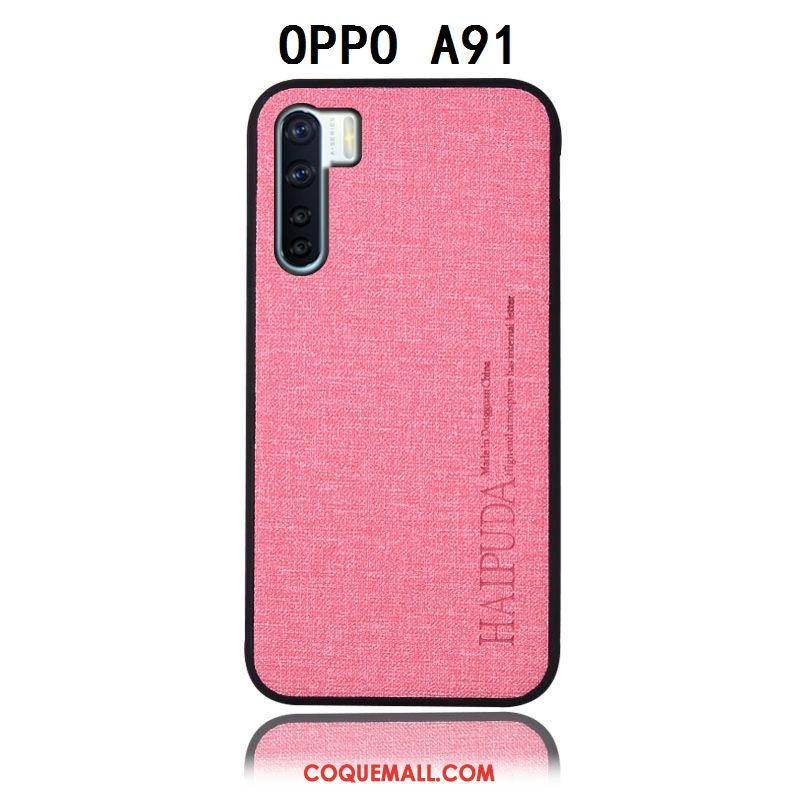 Étui Oppo A91 Bleu Protection En Cuir, Coque Oppo A91 Lin Couvercle Arrière