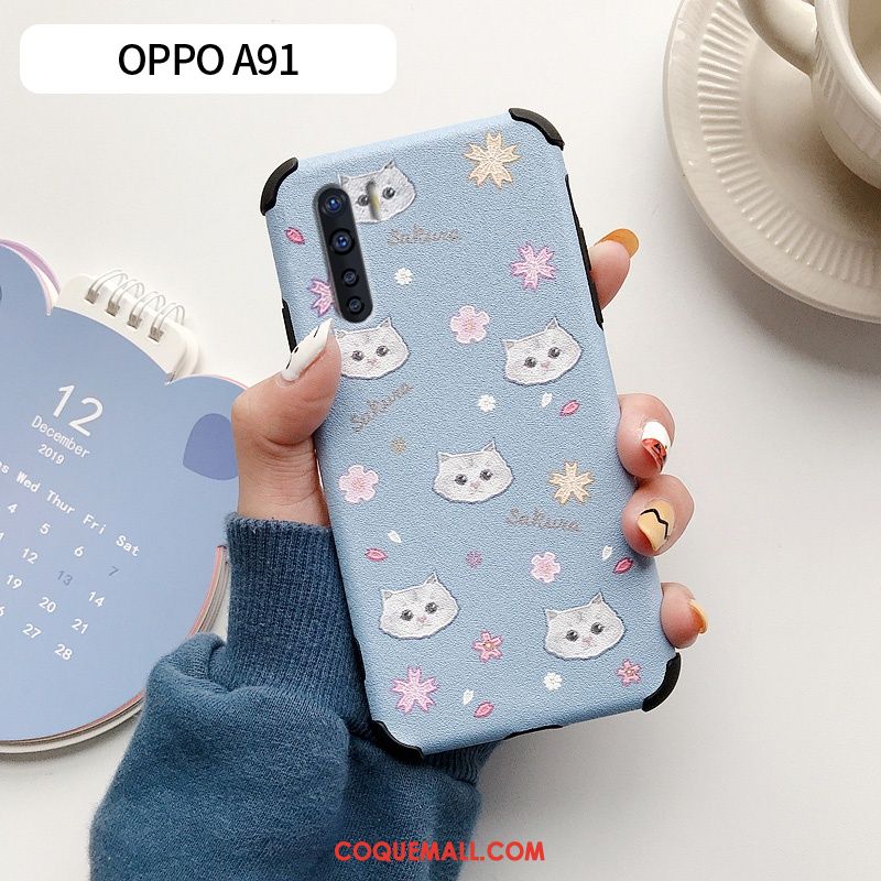 Étui Oppo A91 Fleur Chat En Cuir, Coque Oppo A91 Charmant Silicone