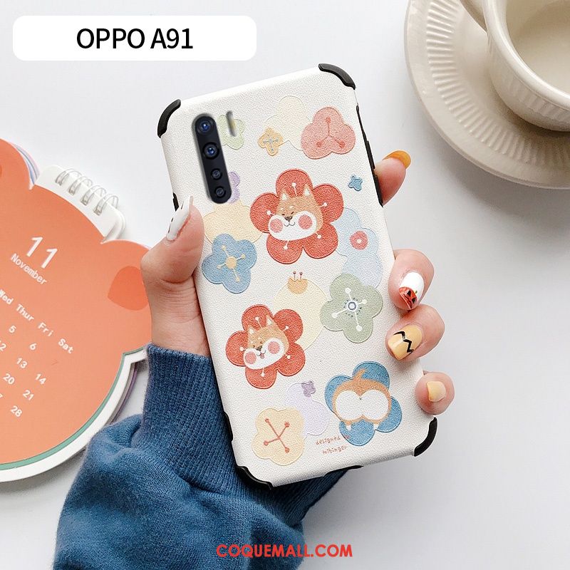 Étui Oppo A91 Fleur Chat En Cuir, Coque Oppo A91 Charmant Silicone