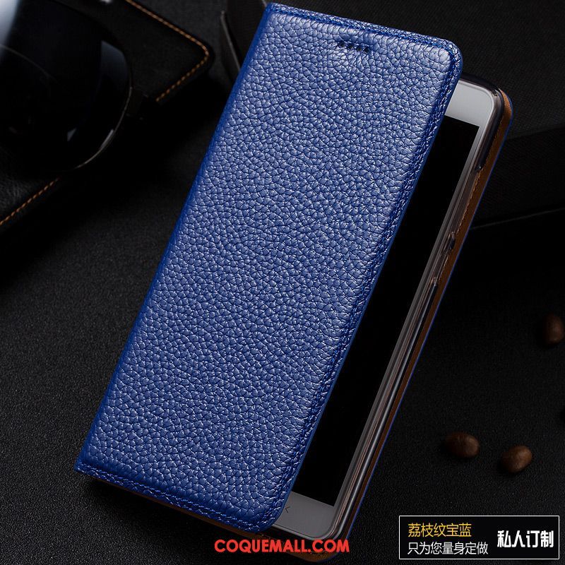 Étui Oppo F7 Youth Bleu Protection Cuir Véritable, Coque Oppo F7 Youth Litchi Téléphone Portable