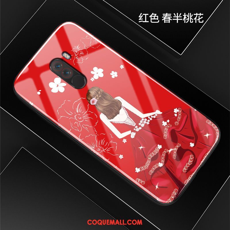 Étui Pocophone F1 Rouge Verre Dessin Animé, Coque Pocophone F1 Incassable Téléphone Portable Beige