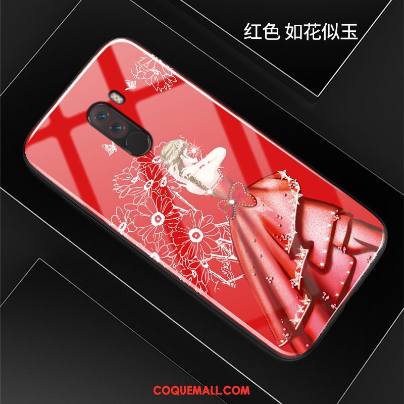 Étui Pocophone F1 Rouge Verre Dessin Animé, Coque Pocophone F1 Incassable Téléphone Portable Beige