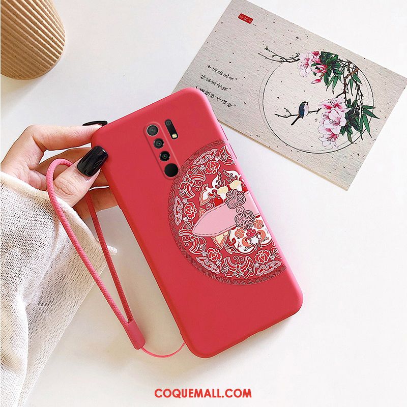 Étui Redmi 9 Personnalité Tout Compris Gaufrage, Coque Redmi 9 Fluide Doux Rouge Beige