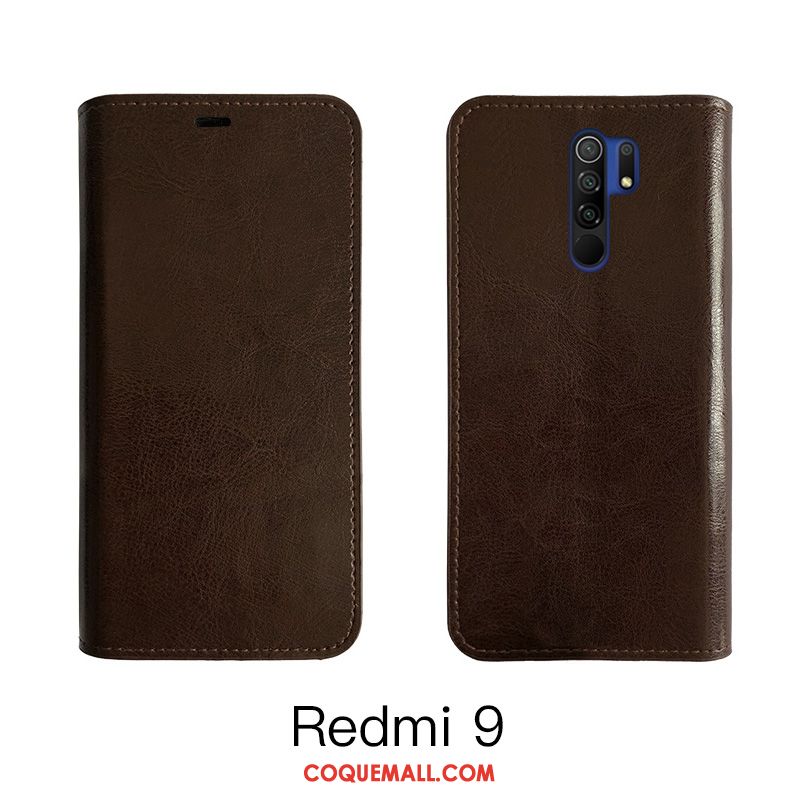 Étui Redmi 9 Vin Rouge Téléphone Portable Cuir Véritable, Coque Redmi 9 Business Tout Compris Beige