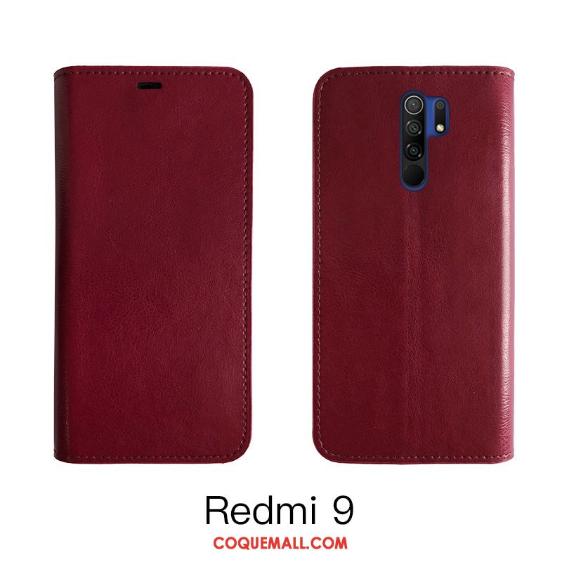 Étui Redmi 9 Vin Rouge Téléphone Portable Cuir Véritable, Coque Redmi 9 Business Tout Compris Beige