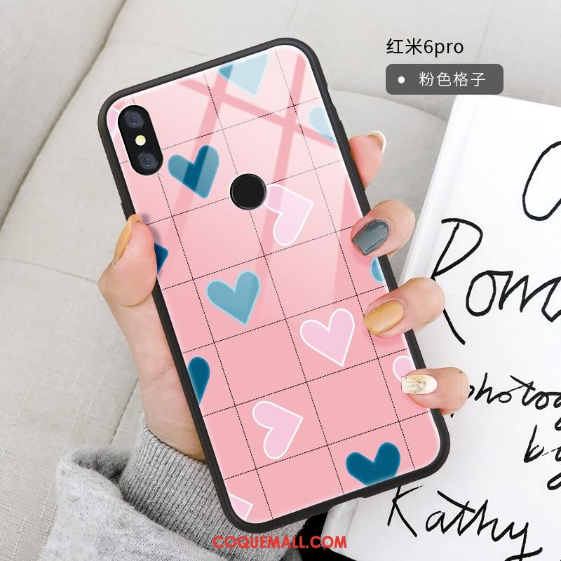 Étui Redmi Note 6 Pro Plaid Verre Dessin Animé, Coque Redmi Note 6 Pro Téléphone Portable Colorée Beige