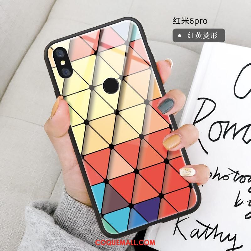 Étui Redmi Note 6 Pro Plaid Verre Dessin Animé, Coque Redmi Note 6 Pro Téléphone Portable Colorée Beige