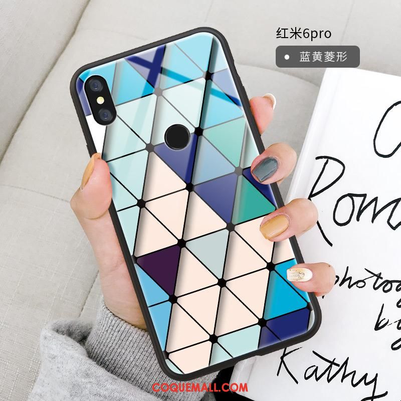 Étui Redmi Note 6 Pro Plaid Verre Dessin Animé, Coque Redmi Note 6 Pro Téléphone Portable Colorée Beige