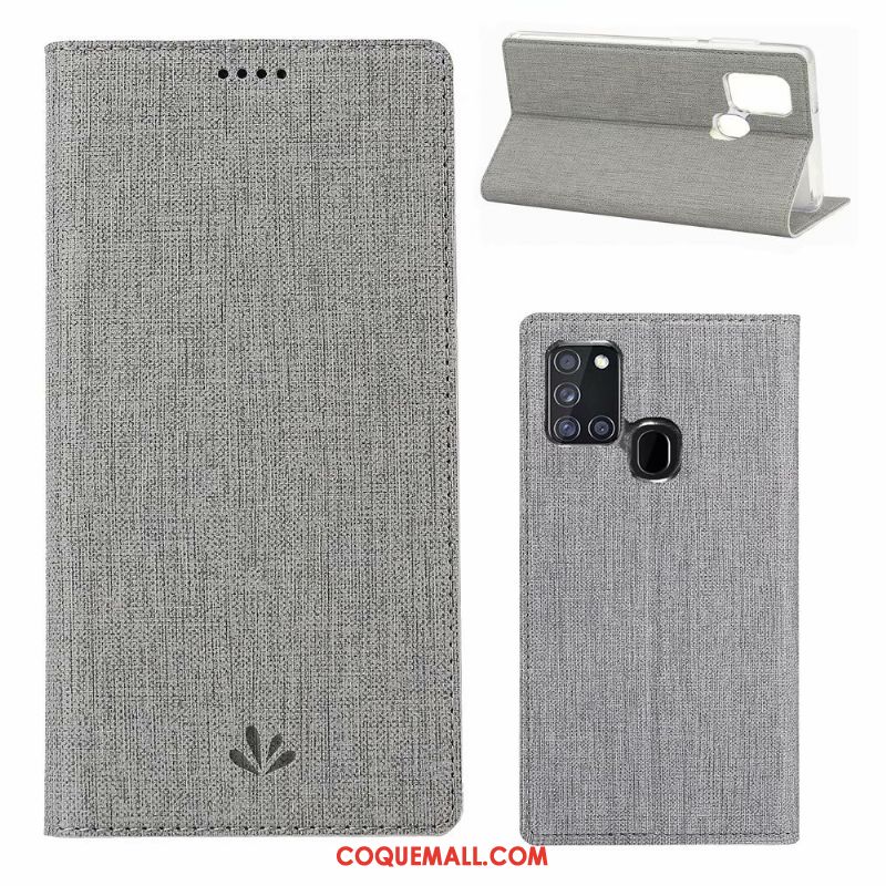 Étui Samsung Galaxy A21s Gris Incassable En Cuir, Coque Samsung Galaxy A21s Étoile Clamshell