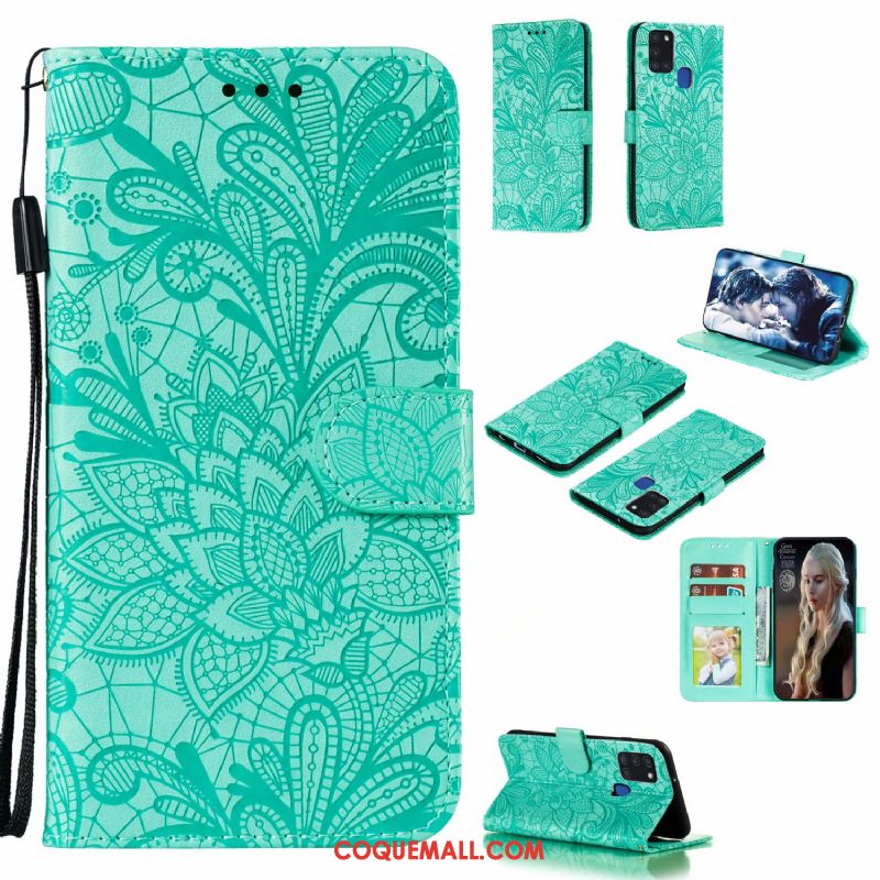 Étui Samsung Galaxy A21s Vert En Cuir Dentelle, Coque Samsung Galaxy A21s Fleur Téléphone Portable