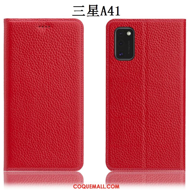 Étui Samsung Galaxy A41 Protection Noir En Cuir, Coque Samsung Galaxy A41 Tout Compris Litchi