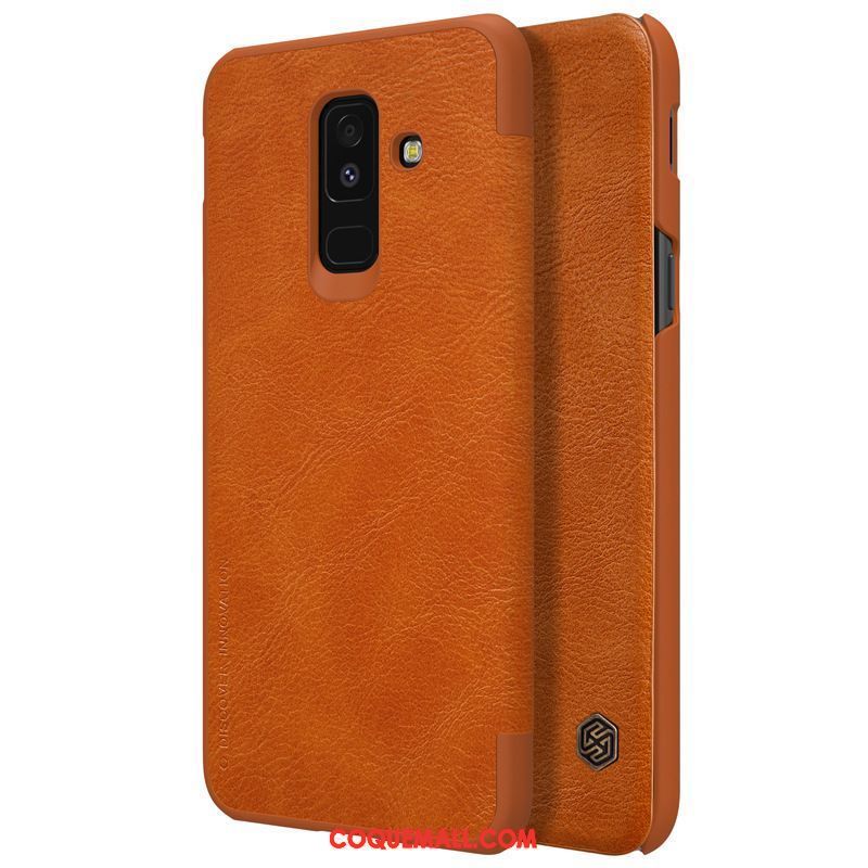 Étui Samsung Galaxy A6+ Cuir Véritable Clamshell Rouge, Coque Samsung Galaxy A6+ Téléphone Portable Étui En Cuir