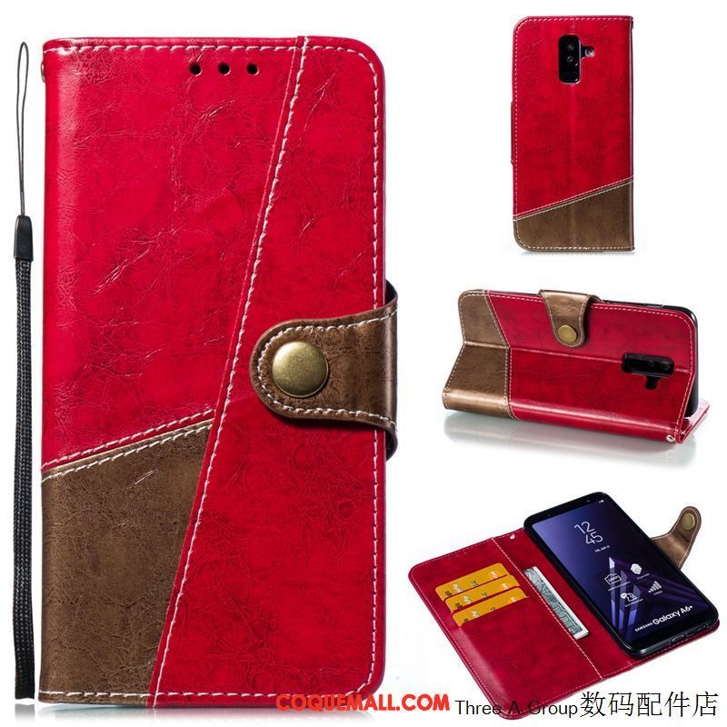 Étui Samsung Galaxy A6+ Étui En Cuir Business Rouge, Coque Samsung Galaxy A6+ Protection Étoile