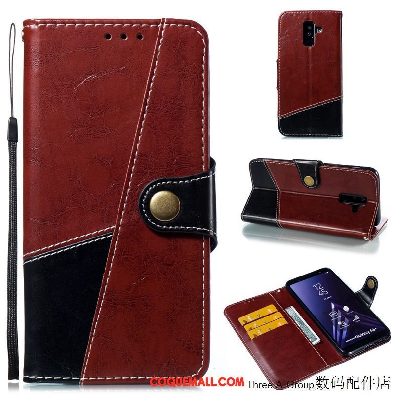 Étui Samsung Galaxy A6+ Étui En Cuir Business Rouge, Coque Samsung Galaxy A6+ Protection Étoile