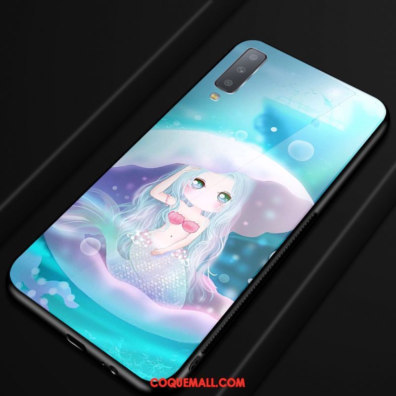 Étui Samsung Galaxy A7 2018 Téléphone Portable Difficile Verre, Coque Samsung Galaxy A7 2018 Bleu Dessin Animé