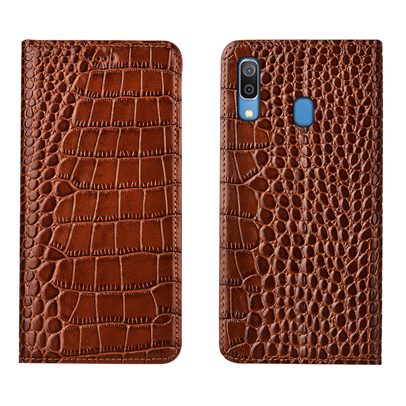 Étui Samsung Galaxy M20 Téléphone Portable Tout Compris Crocodile, Coque Samsung Galaxy M20 Cuir Véritable Protection Braun