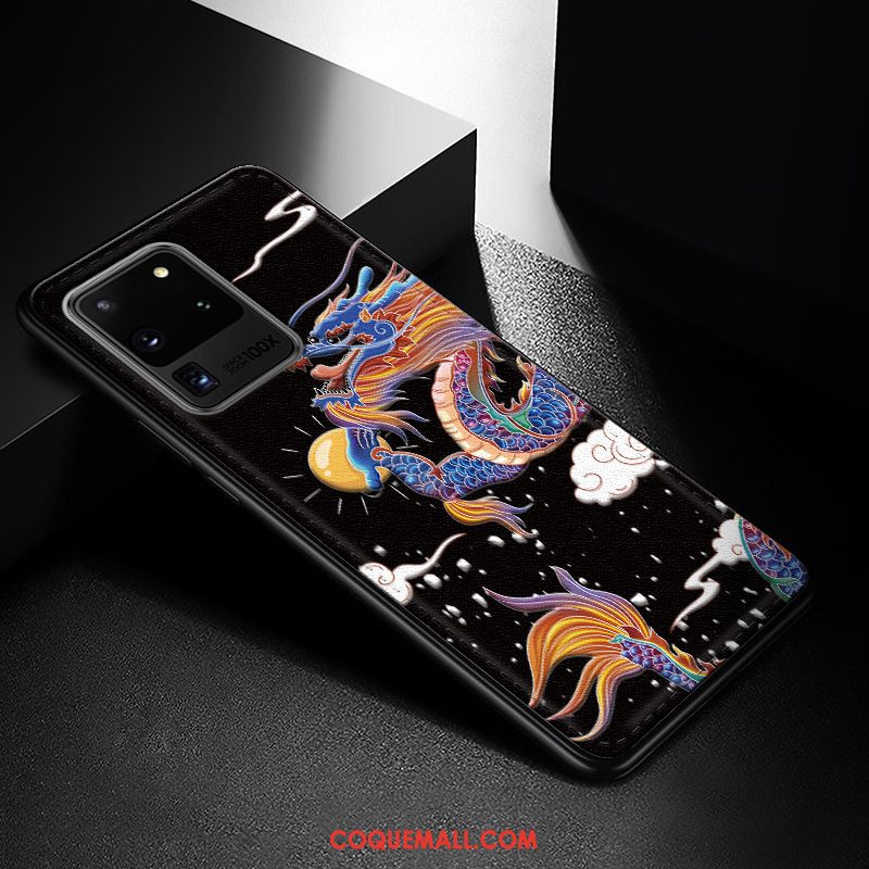 Étui Samsung Galaxy S20 Ultra Cuir Noir Gaufrage, Coque Samsung Galaxy S20 Ultra Incassable Téléphone Portable