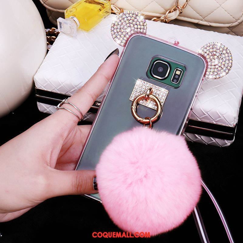 Étui Samsung Galaxy S6 Edge Transparent Téléphone Portable Pompon, Coque Samsung Galaxy S6 Edge Protection Rose