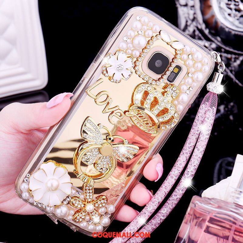 Étui Samsung Galaxy S7 Edge Papillon Silicone Strass, Coque Samsung Galaxy S7 Edge Miroir Or Rose