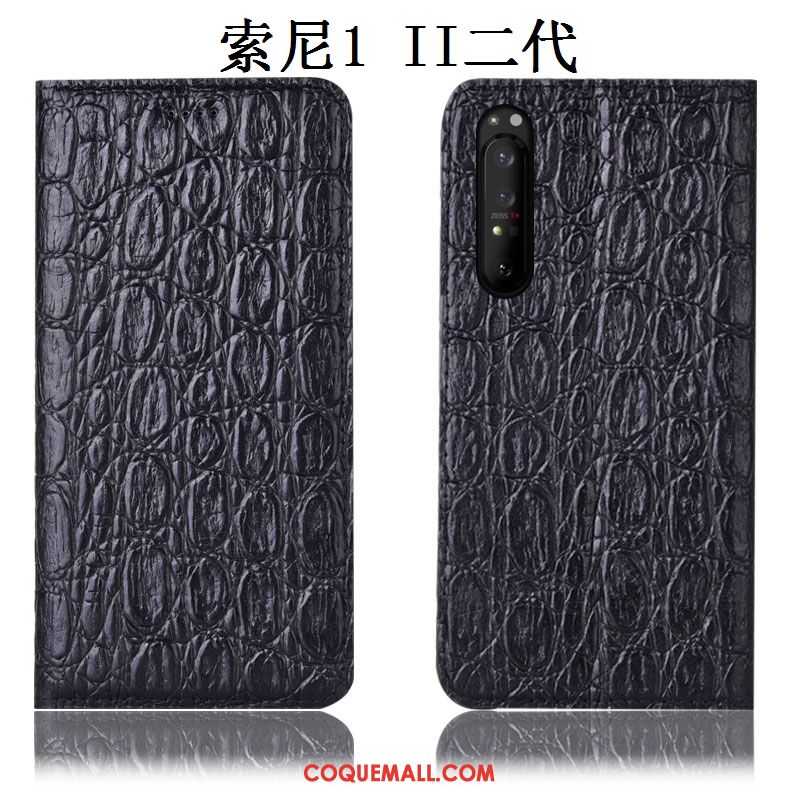 Étui Sony Xperia 1 Ii Noir Cuir Véritable Modèle Fleurie, Coque Sony Xperia 1 Ii Incassable Téléphone Portable