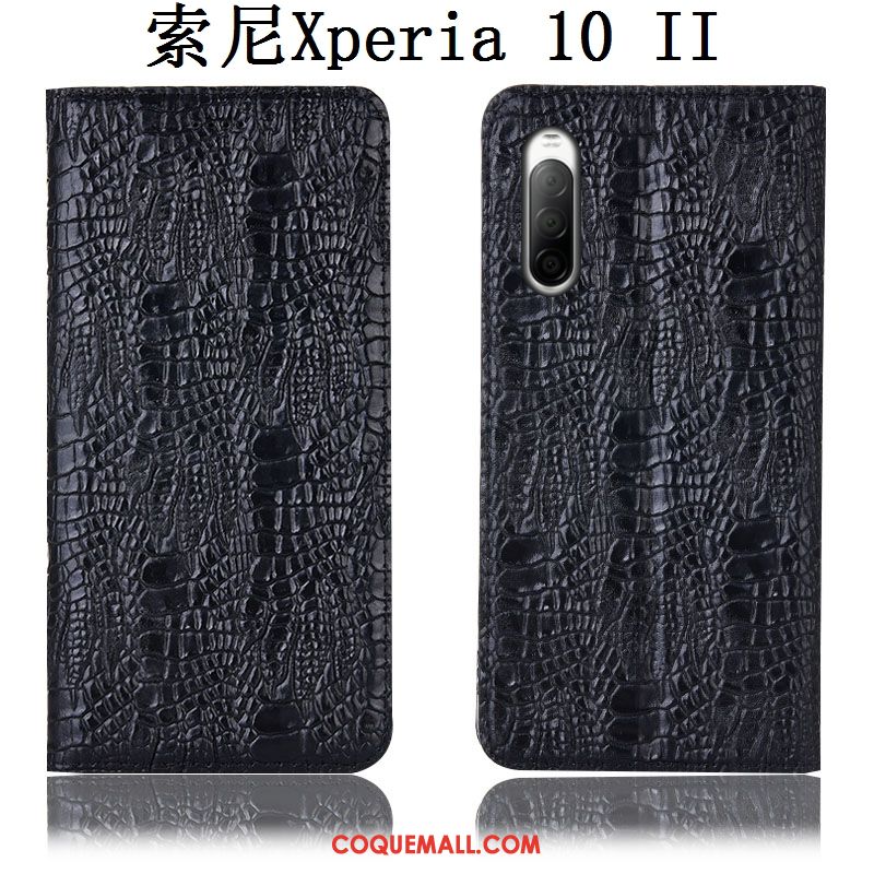 Étui Sony Xperia 10 Ii Cuir Véritable Crocodile Noir, Coque Sony Xperia 10 Ii Protection Incassable