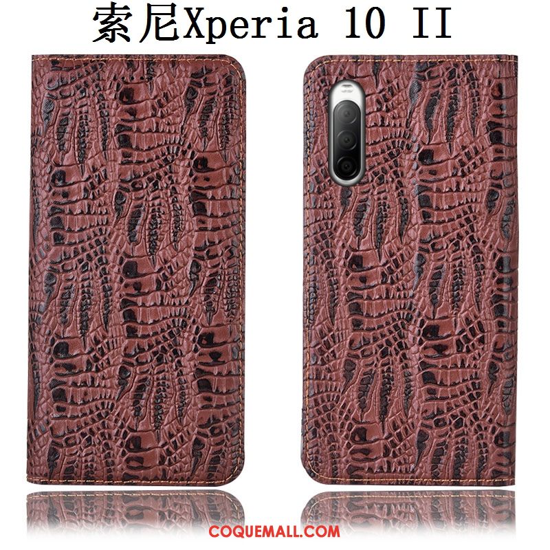 Étui Sony Xperia 10 Ii Cuir Véritable Crocodile Noir, Coque Sony Xperia 10 Ii Protection Incassable