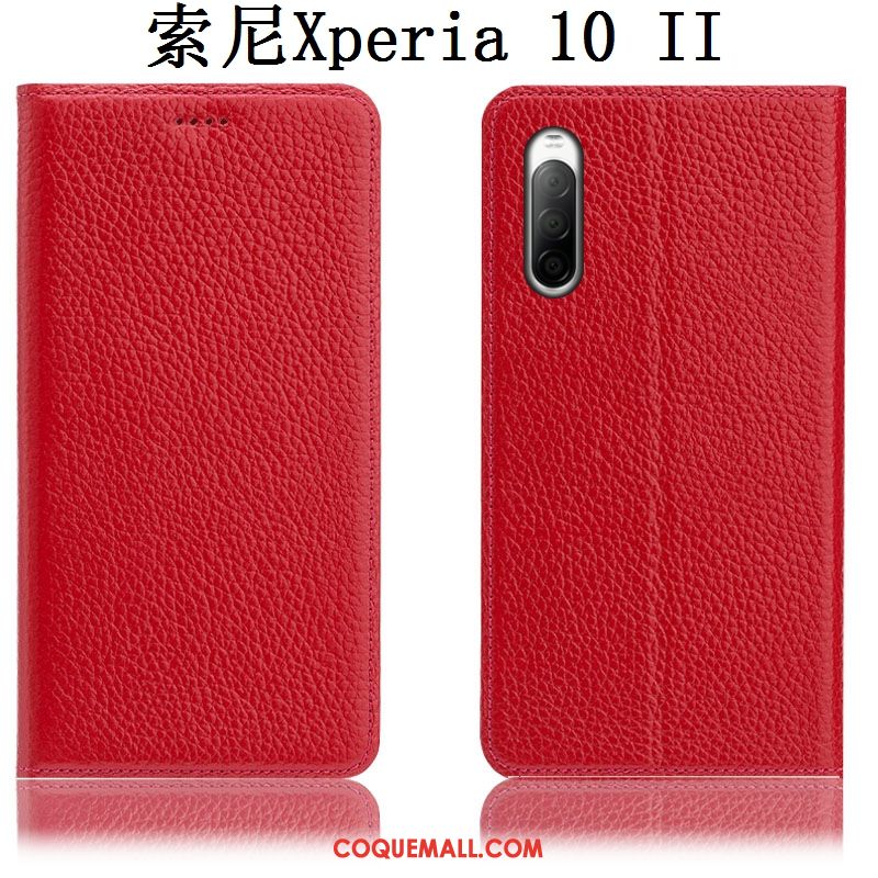 Étui Sony Xperia 10 Ii Cuir Véritable Litchi Modèle Fleurie, Coque Sony Xperia 10 Ii Bleu Téléphone Portable