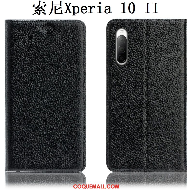 Étui Sony Xperia 10 Ii Cuir Véritable Litchi Modèle Fleurie, Coque Sony Xperia 10 Ii Bleu Téléphone Portable