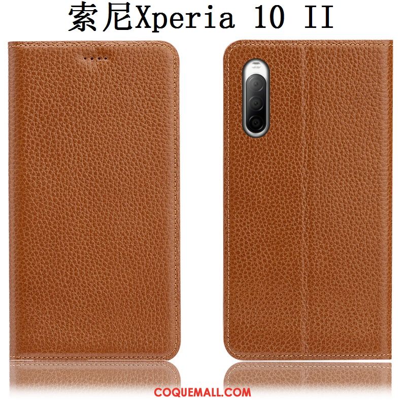 Étui Sony Xperia 10 Ii Cuir Véritable Litchi Modèle Fleurie, Coque Sony Xperia 10 Ii Bleu Téléphone Portable