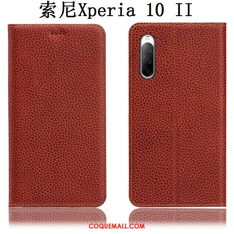 Étui Sony Xperia 10 Ii Cuir Véritable Litchi Modèle Fleurie, Coque Sony Xperia 10 Ii Bleu Téléphone Portable