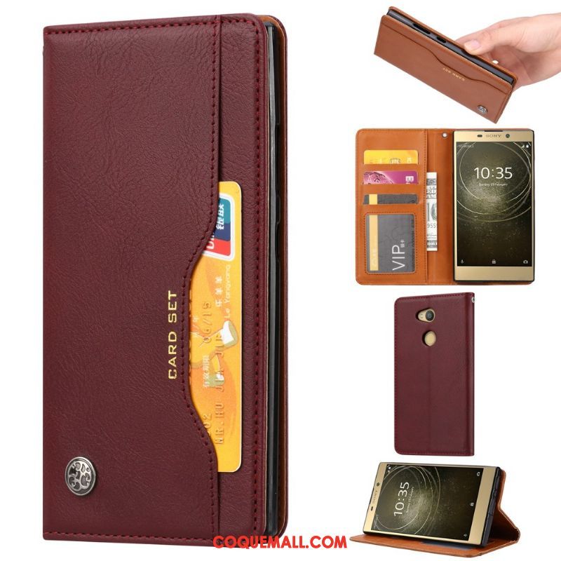 Étui Sony Xperia L2 Rouge Modèle Fleurie Vintage, Coque Sony Xperia L2 Portefeuille Business