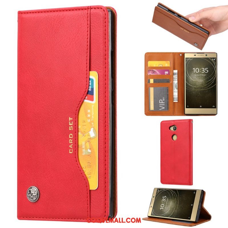 Étui Sony Xperia L2 Rouge Modèle Fleurie Vintage, Coque Sony Xperia L2 Portefeuille Business