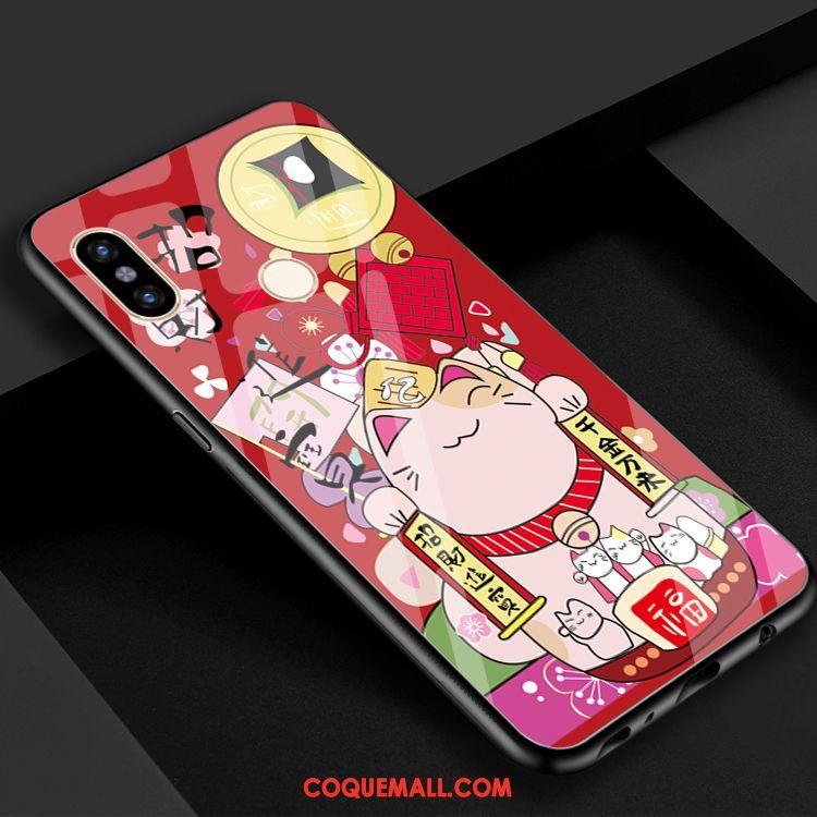 Étui Xiaomi Mi 8 De Fête Charmant Chat, Coque Xiaomi Mi 8 Verre Rouge Beige