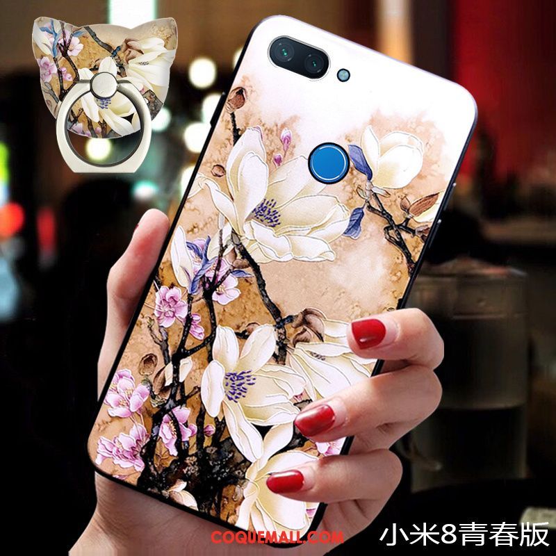 Étui Xiaomi Mi 8 Lite Anneau Style Chinois Téléphone Portable, Coque Xiaomi Mi 8 Lite Personnalité Boucle Beige