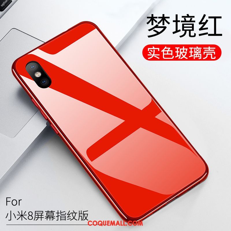 Étui Xiaomi Mi 8 Pro Verre Net Rouge Noir, Coque Xiaomi Mi 8 Pro Tout Compris Incassable Beige